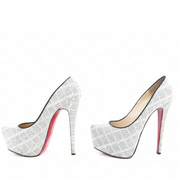 CHRISTIAN LOUBOUTIN WHITE BLACK TWEED FABRIC PUMP - Picture 4 of 8